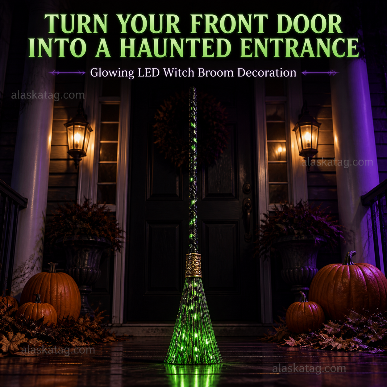 Animated Halloween witch broom decoration with LED lights